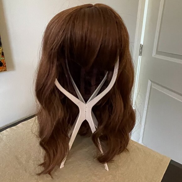 Medium Brown Wavy Shoulder Length Synthetic Hair Wig Bangs - Picture 1 of 9